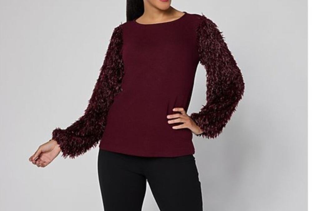 Susan Graver Size 1X Deep Raisin Rib Knit Top Embellished Sleeves A706716 NWOT